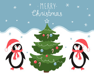 Vector image Merry Christmas with New Year snow flakes, holiday penguins dressed with scarfs and hats standing near spruce tree decorated with toys on snowy field and blue sky in winter