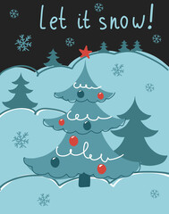 Vector image Merry Christmas with New Year snow flakes and spruce trees decorated with toys on snowy field and dark night sky in winter