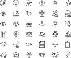 business vector icon set such as: suggestion, monitor, men, dart, diary, users, scanning, print, link, rocket, navigation, eyeball, future, focus, find, house, store, attorney, purchase, engagement