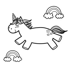 Magic unicorn and rainbows coloring page. Fantasy coloring book