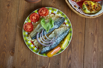 Israeli  Fried mackerel fish with Ptitim