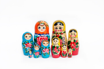 set of wooden Russian dolls of 10 pieces on a white background