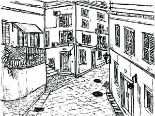 European small city. A street in the old town with a stone road and houses with windows and shutters. Memories from travels.  Hand drawn sketch illustration in vector