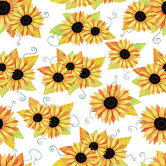 Hand drawn seamless pattern of composition blooming sunflowers and colorful leaves. Decorative autumn watercolor bouquet illustration for design card, invitation, wallpaper, wrapping paper, fabric