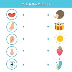 Five senses matching game for kids. Sight, touch, hearing, smell and taste