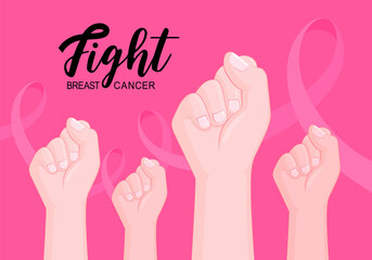 Fight breast cancer. Breast Cancer Awareness Month symbol. Vector illustration with female raised hand and pink ribbon. International health campaign for woman in October.