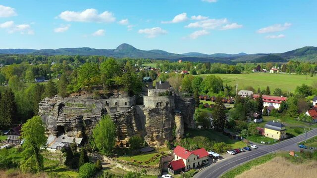 Aerial view of Sloup Castle in Northern Bohemia, Czechia. Sloup rock castle in the small town of Sloup v Cechach, in the Liberec Region, north Bohemia, Czech Republic.