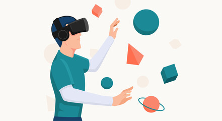 A young man moving objects around using a virtual reality VR headset, Modern technologies. The concept of future technology vector illustration