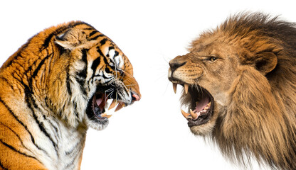 Side view of a lion and a tiger roaring ready to fight, isolated