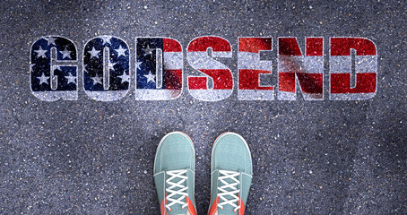 Godsend and politics in the USA, symbolized as a person standing in front of the phrase Godsend  Godsend is related to politics and each person's choice, 3d illustration