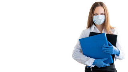 Assistant manager. Office woman. Pandemic restriction. Smiling lady in protective mask gloves holding card boards looking at camera isolated on white copy space. Advertising background