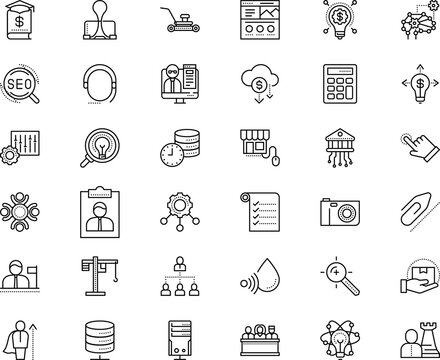 business vector icon set such as: test, calculator, study, banner, attachment, creativity, resume, take, piece, bright, assessment, targeting, cv, interview, photographic, metaphor, mowing, png