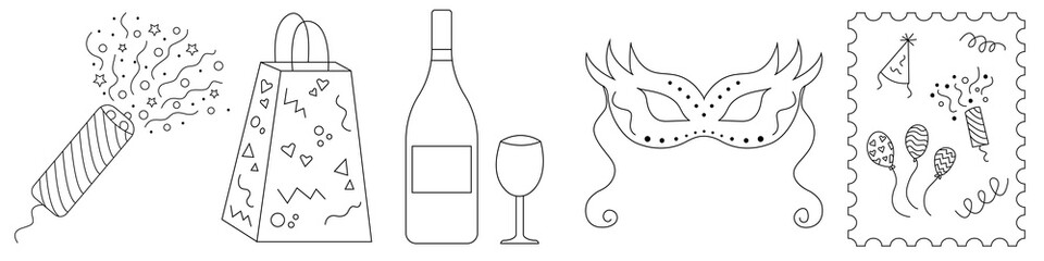 Collection of holiday icons cracker, holiday package, bottle of wine, wine glass, postcard, invitation. Set of linear icons for a holiday party. Trendy flat design