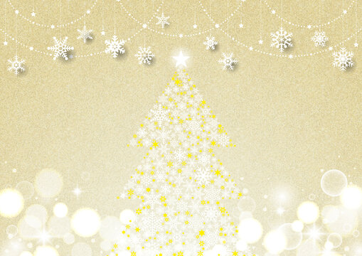 キラキラ☆クリスマスツリーと雪の結晶オーナメントのシンプルな風景 ゴールド