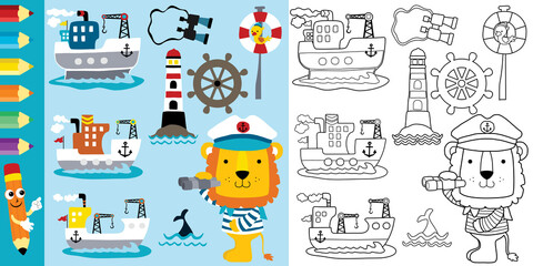 sailing theme cartoon, cargo ships with funny lion, coloring book or page