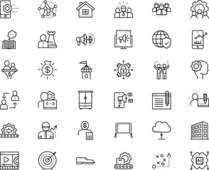 business vector icon set such as: world, movie, interior, clothing, tower, female, related, champion, sharing, diary, traffic, cabinet, imagination, delete, cupboard, football, html, payment, ads