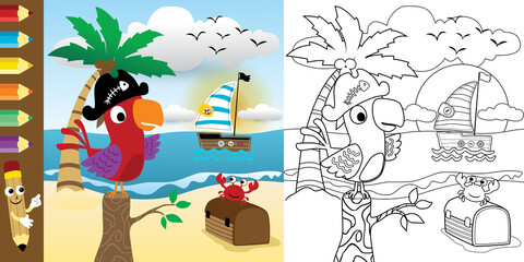 coloring book with funny bird cartoon in the beach at summer