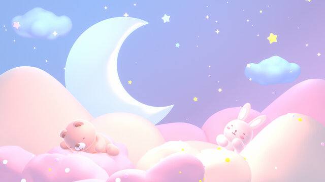 Cartoon baby animal dream. Cute bear and rabbit sleeping on pastel clouds at night. 3d rendering picture.