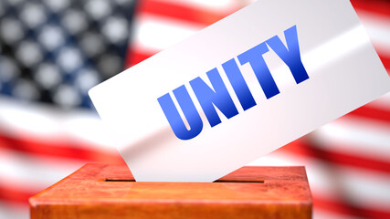 Fototapeta na wymiar Unity and American elections, symbolized as ballot box with American flag in the background and a phrase Unity on a ballot to show that Unity is related to the elections, 3d illustration