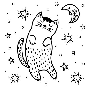 Cute sleeping cat and moon coloring page. Fantasy coloring book