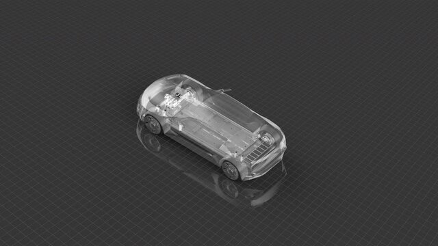 Autonomous driving electric battery car change transparency. Top side view, IoT Future car technology, 4k animation.