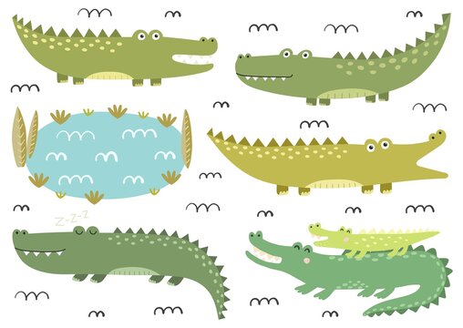 Funny crocodiles collection. Cute alligators in childish style. Safari characters