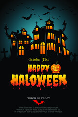Halloween party poster with Haunted castle. illustrator Vector Eps 10