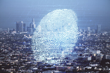Double exposure of finger print hologram and cityscape background. Concept of personal security.