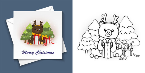 Trace and colour Merry Christmas for postcard, Preschool worksheet for practicing