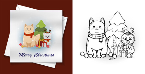 Trace and colour Merry Christmas for postcard, Preschool worksheet for practicing