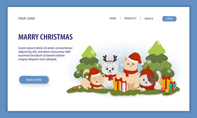 Merry Christmas vector illustration for web banner with animals in Christmas costume