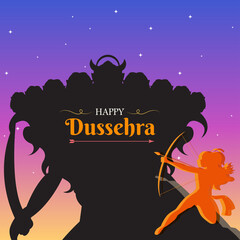 Happy Dussehra, Rama and Ravana silhouette poster, Indian festival banner, vector illustration