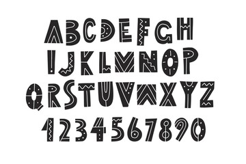 hand drawn alphabet, letters and numbers on chalkboard background, vector illustration