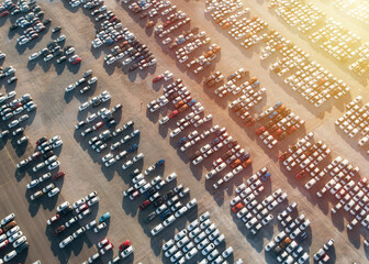 Aerial view new cars parking for sale stock lot row, New cars dealer inventory import export business commercial global, Automobile and automotive industry distribution logistic transport worldwide.