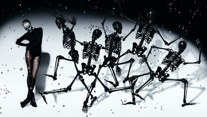 scary woman with dancing black skeletons