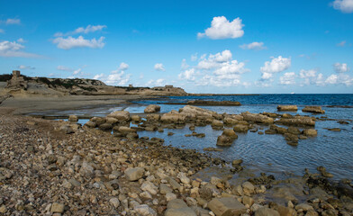 Panoramic scenic view of Selmun bay,  Malta. Maltese coastline