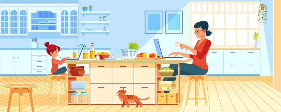 Mother With Young Daughter Using Laptop In The Kitchen At Home. Working Mom Works From Home Office. Woman And Child Using Laptop. Freelancer Workplace In Cozy Kitchen. Cartoon Vector Illustration