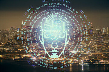 Brain hologram drawing on city scape background Double exposure. Brainstorming concept.