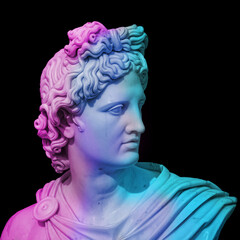 Statue of of Apollo God of Sun. Creative concept colorful neon image with ancient greek sculpture...