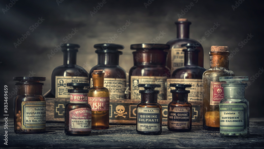 Wall mural bottles with drugs from old medical, chemical and pharmaceutical glass. chemistry and pharmacy histo