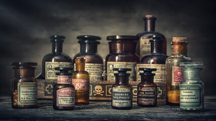 Bottles with drugs from old medical, chemical and pharmaceutical glass. Chemistry and pharmacy...