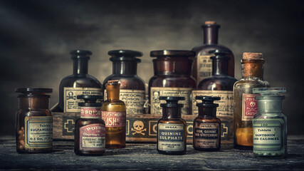 Bottles with drugs from old medical, chemical and pharmaceutical glass. Chemistry and pharmacy history concept background. Retro style. Chemical substances-sulfamerazin, arsenic trioxid etc.