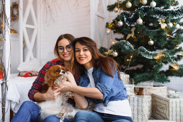 two girlfriends with dog are sitting on the floor smiling in a bright room on the background of a Christmas tree