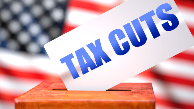 Tax cuts and American elections, symbolized as ballot box with American flag in the background and a phrase Tax cuts on a ballot to show that Tax cuts is related to the elections, 3d illustration