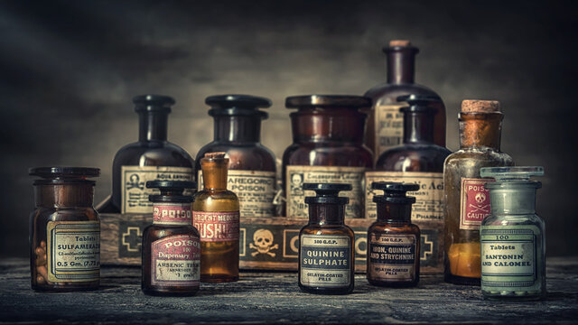 Bottles with drugs from old medical, chemical and pharmaceutical glass. Chemistry and pharmacy history concept background. Retro style. Chemical substances.