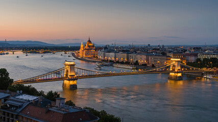 Naklejka na ściany i meble Beautiful panoramic view of Budapest cityscape with the Hungarian Parliament at sunset