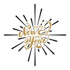 Happy New Year Lettering with burst rays. Holiday Vector Illustration. Text for posters, flyers, greeting cards, social media, marketing, web design