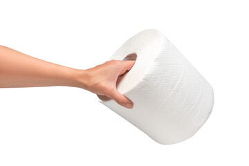 Woman hand holding paper towel roll, isolated