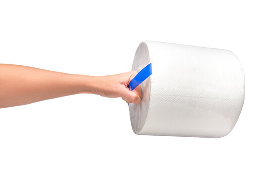 Woman Hand Holding Paper Towel Roll, Isolated