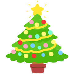 Flat colored adorable and simple illustration of Christmas tree with decorations